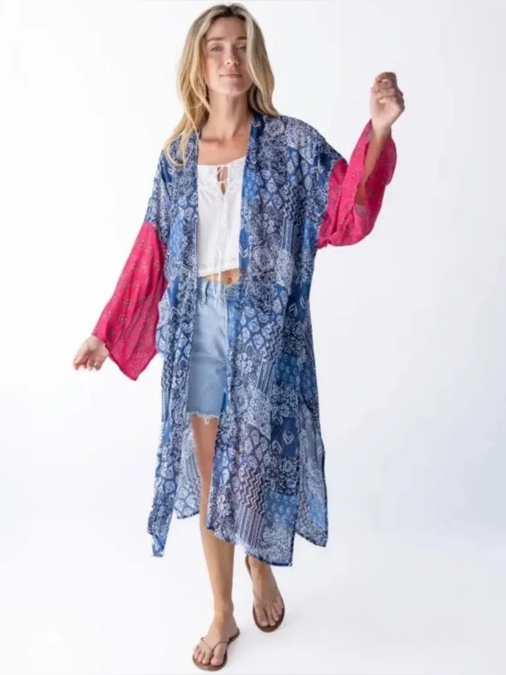 NATURAL LIFE Blue Patchwork Maxi Dress with Pink Balloon Sleeves